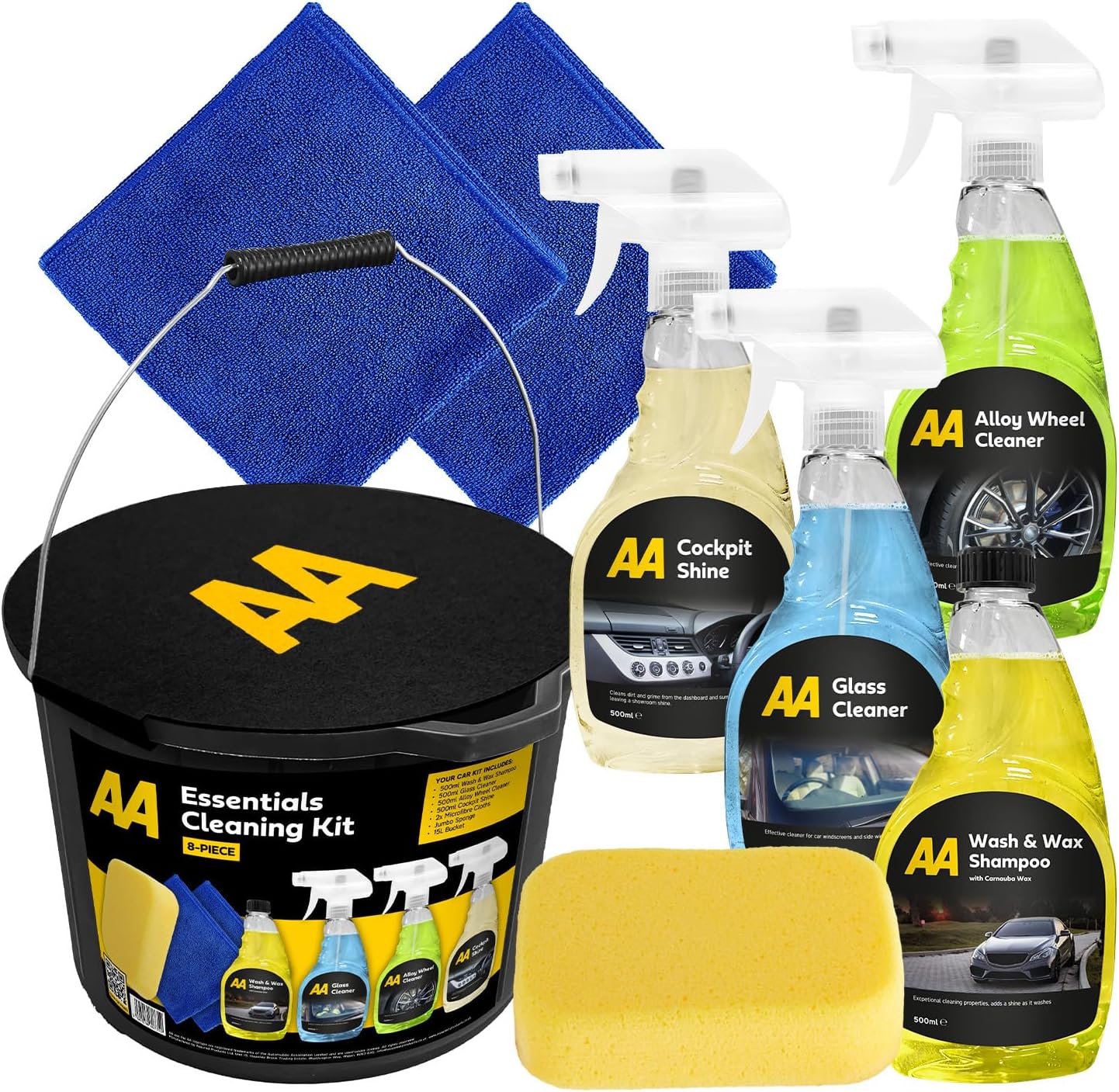 AA Car Cleaning Kit, 8-Piece Set with 4 Cleaners, Microfibre Cloths, Sponge and Bucket
