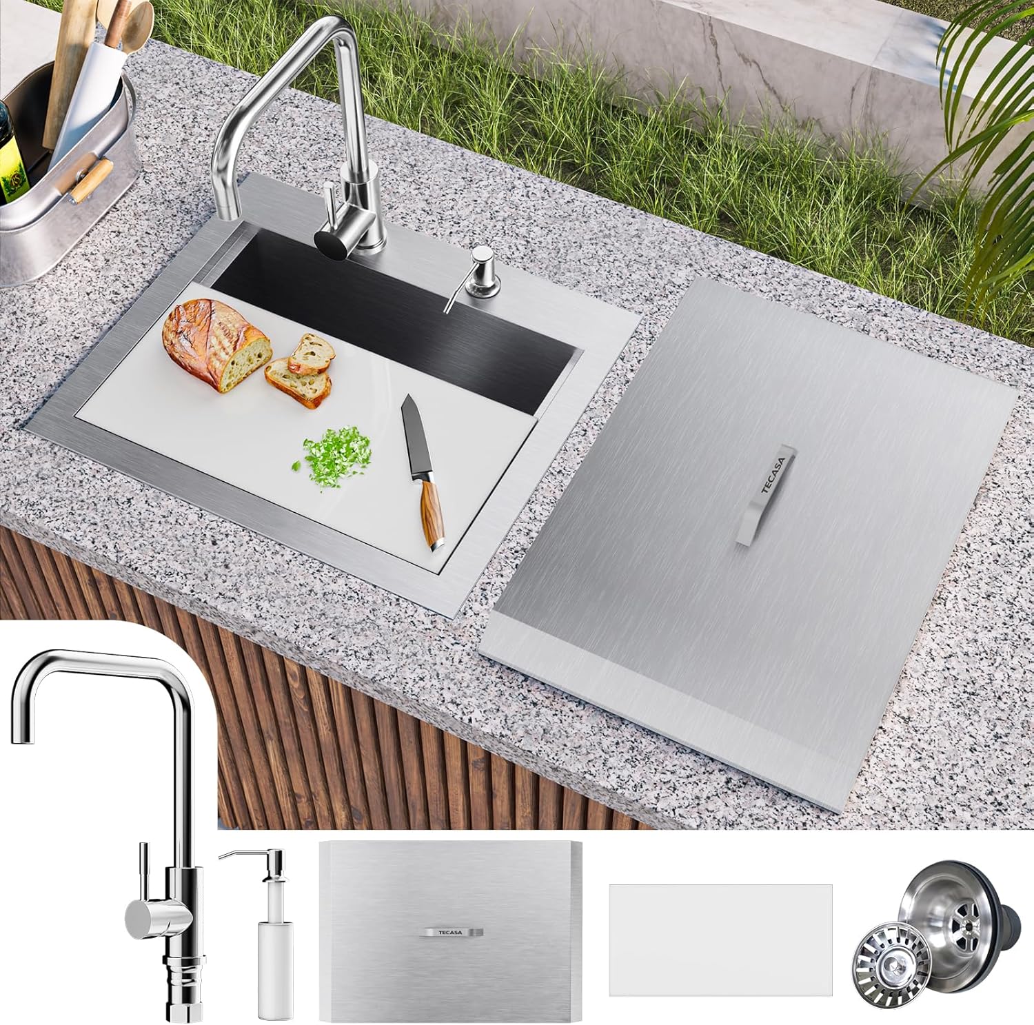 Outdoor Sink, TECASA 21 x 18 Inch Drop-in Workstation Kitchen Sink with Dust Lid and Faucet, T304 Stainless Steel Single Bowl Bar Basin with Cutting Board for Garage, RV, BBQ & Gardening