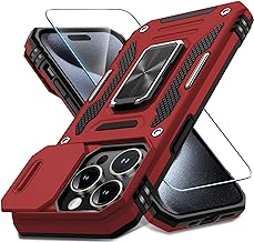 DEERLAMN Case for iPhone 15 Pro Max with Slide Camera Cover+Screen Protector(1 Pack), Rotated Ring Kickstand Military Grade Shockproof Protective Cover 6.7 Inch-Red