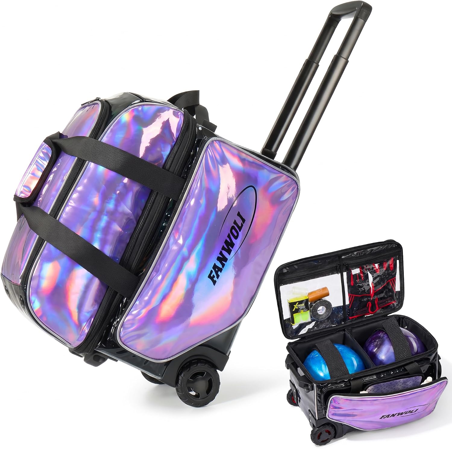 Fanwoli Bowling Ball Bag with Wheels, Wide Wheels and Detachable Shoe Bag