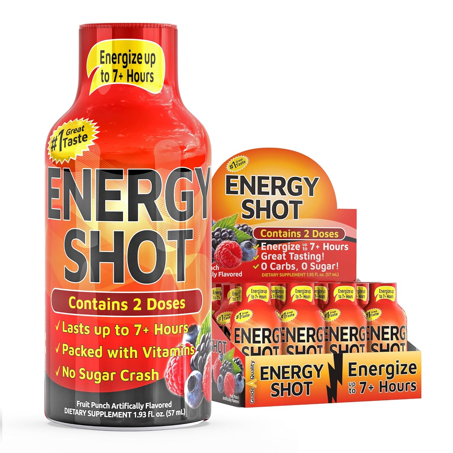 Energy Shot – 2 Servings – 100% DV B-Vitamins & 130mg Plant-Based Caffeine – Zero Calories, Sugar-Free, Vegan, Non-GMO – Energy & Productivity Support (1.93 Fl Oz (Pack of 12), Fruit Punch)