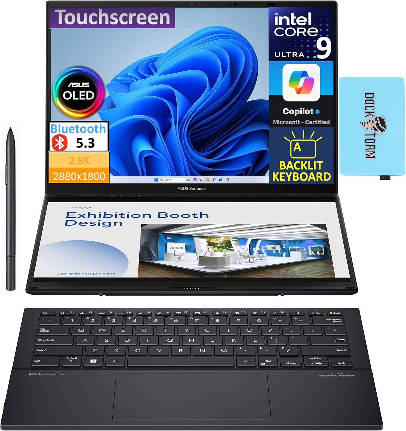ASUS Zenbook Duo 2-in-1 Laptop Dual 14” OLED 3K 120Hz Touch Display (Intel Ultra 9-185H, 32GB LPDDR5X, 2TB SSD, Intel Arc, Backlit KB, 2 Thunderbolt 4, Active Pen, WiFi 6E, Win11H) w/DKZ USB Hub