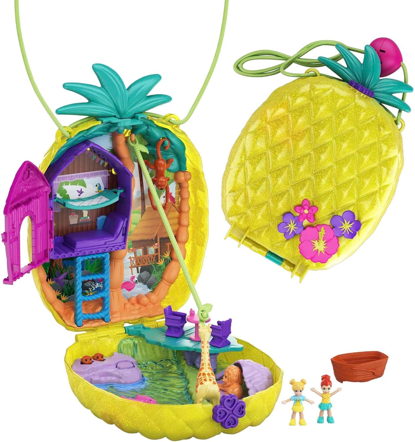 Polly Pocket Dolls & Accessories, 2-in-1 Travel Toy, Pineapple Purse Playset with Micro Polly & Lila Dolls