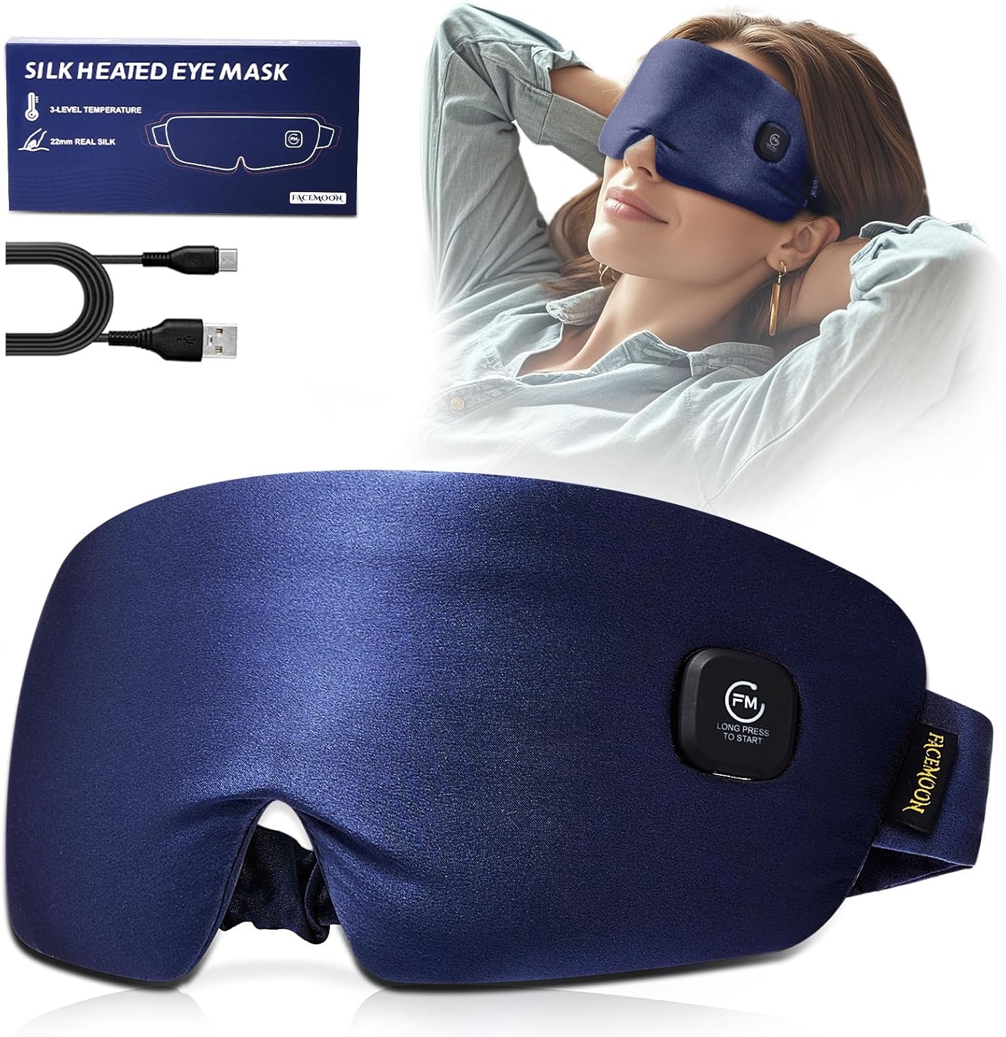 Heated Eye Mask for Dry Eyes - Silk Cordless Warm Eye Compress Moist Heat, FSA HSA Eligible, Eye Heating Pad for Stye Treatment, Tired Eyes, Sleep, Travel, Washable, Rechargeable, Blue