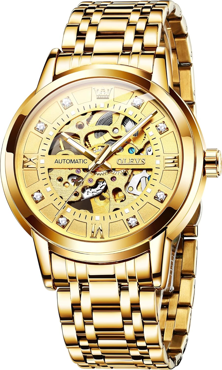 OLEVS Gold Skeleton Men's Automatic Mechanical Watches self Winding Luxury Dress Shiny Diamond Stainless Steel Waterproof Luminous Wrist Watches