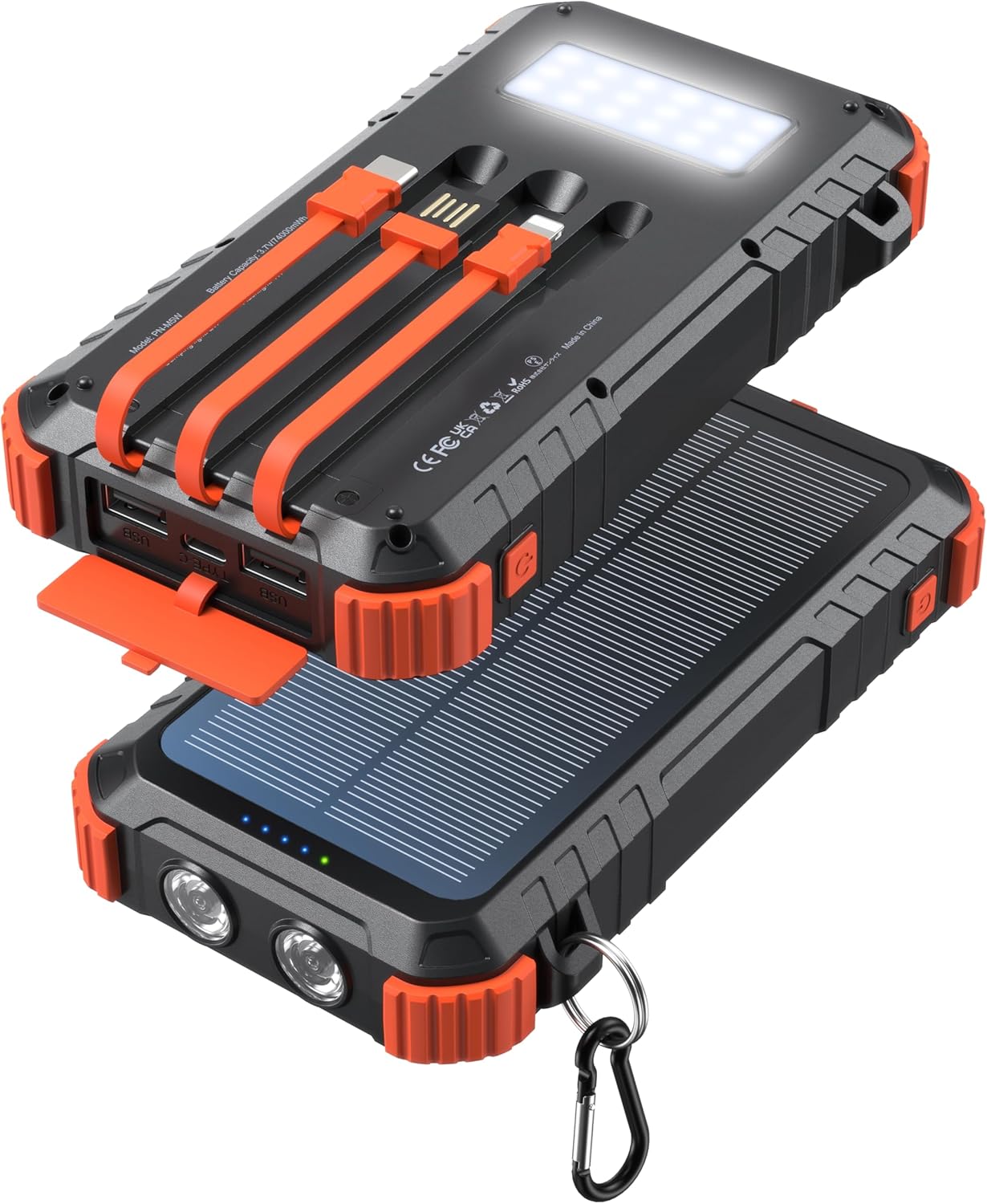 Power-Bank-Solar-Charger 45800mAh Fast Charging with 3 Built-in Cables LED Flashlight Portable External Battery Pack Compatible with All Smartphone, Tablet, Drone, Camera, etc.