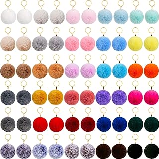 Hicarer 60 Pieces Colorful Poms Keychains Fluffy Ball Faux Fur Keyring for Women