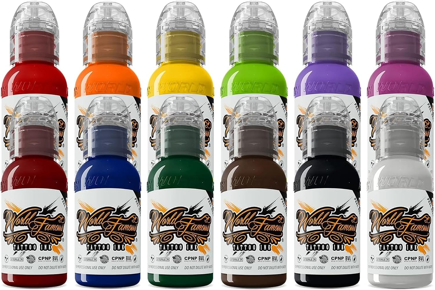 World Famous Tattoo Ink - 12 Primary Color Tattoo Kit #1 - Professional Tattoo Ink in Color Assortment, Includes White Tattoo Ink - Skin-Safe Permanent Tattooing - Vegan & Non-Toxic (1 oz Each)