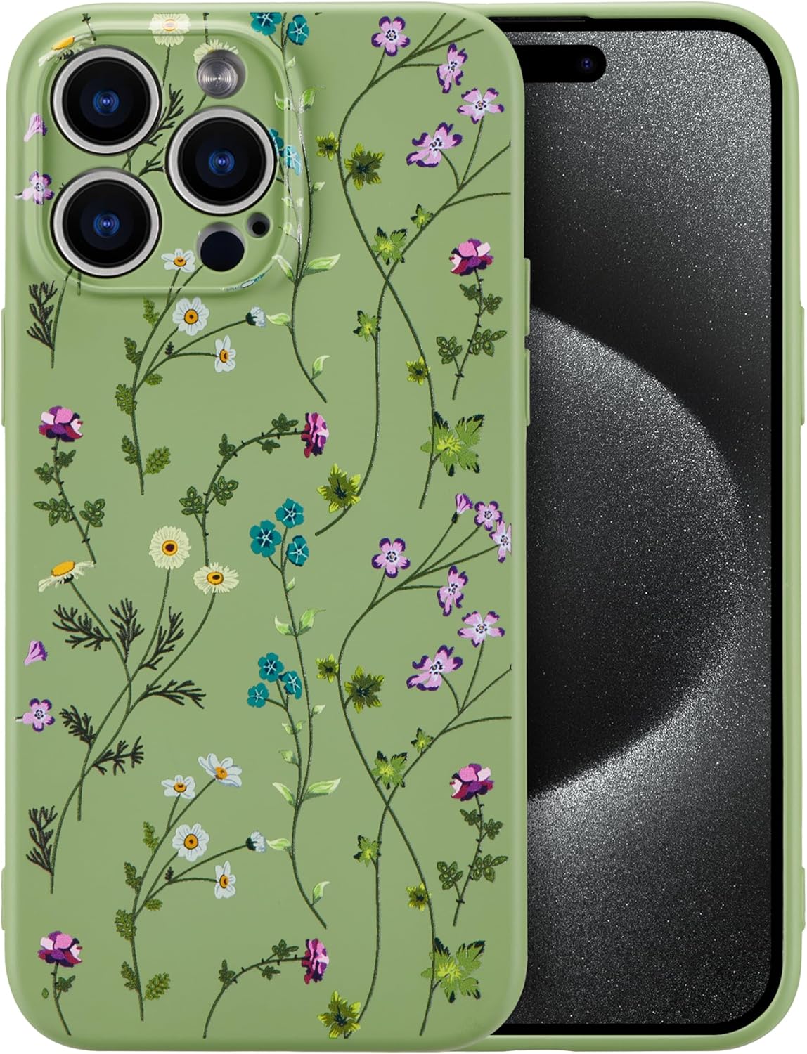 RALEAVO Flower Case for iPhone 16 Pro, Liquid Silicone Shockproof Protection Case Cover for Girls Women with Aesthetic Cute Floral Patterns Soft Slim Phone Case for iPhone 16 Pro 6.3"-Green
