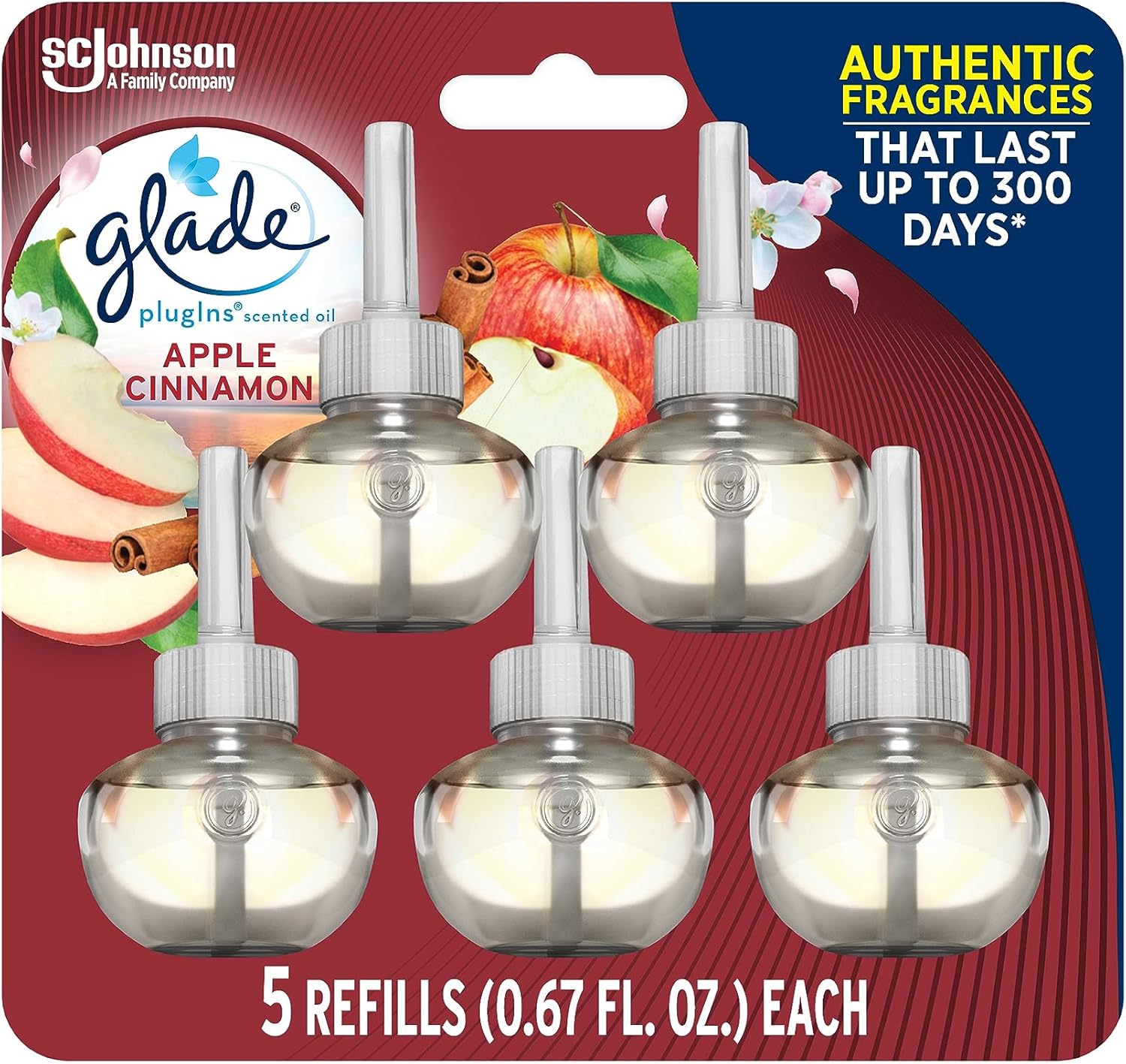 Glade PlugIns Refills Air Freshener, Scented and Essential Oils for Home and Bathroom, Apple Cinnamon, 3.35 Fl Oz, 5 Count