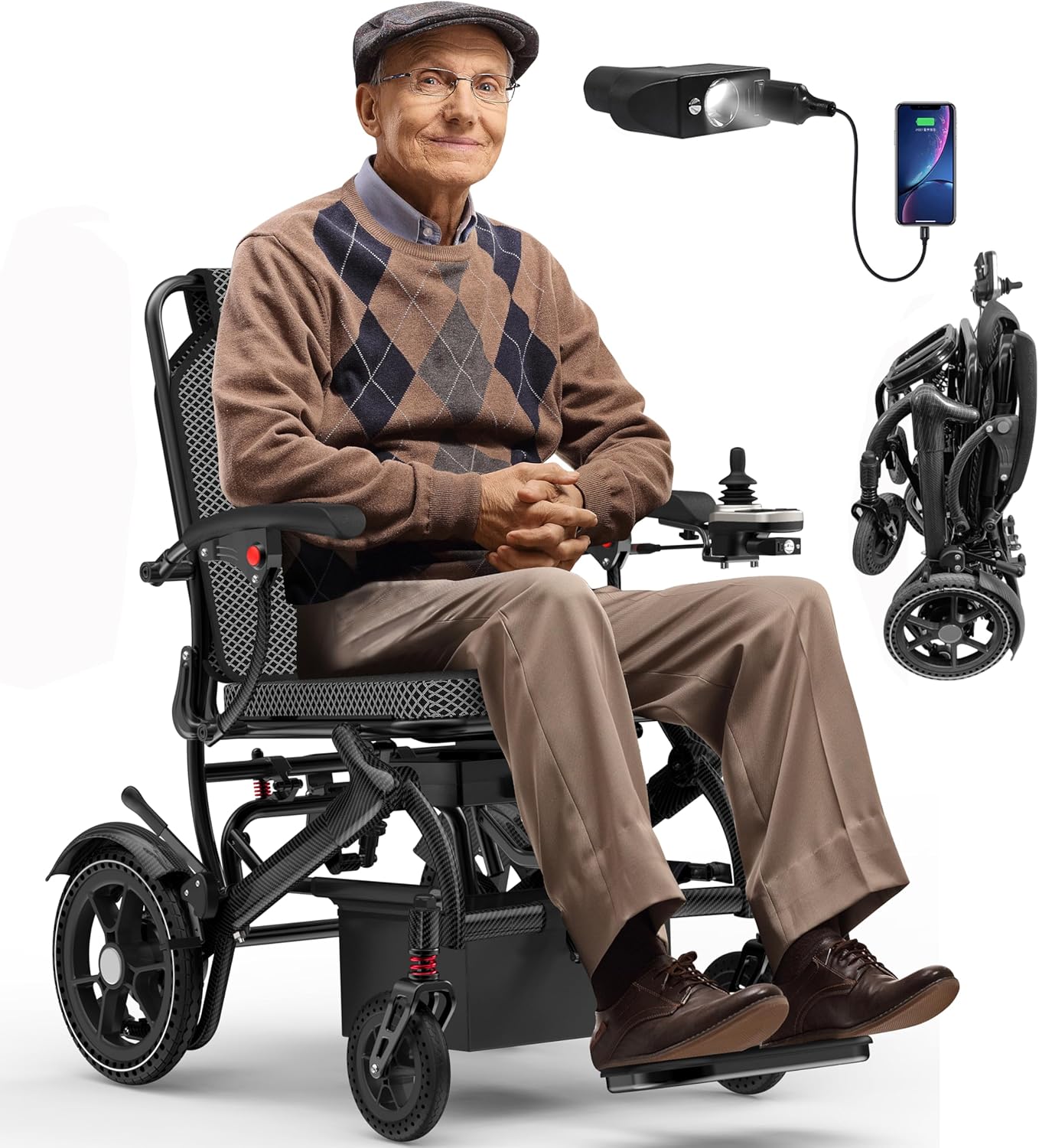 Electric Wheelchairs for Adults Foldable 36LBS Lightweight Frame Airline Approval, 15 Miles Travel Range& 500W Brushless Motors Power Motorized for Seniors& Max Support 350 LBS-Carbon Filber Color