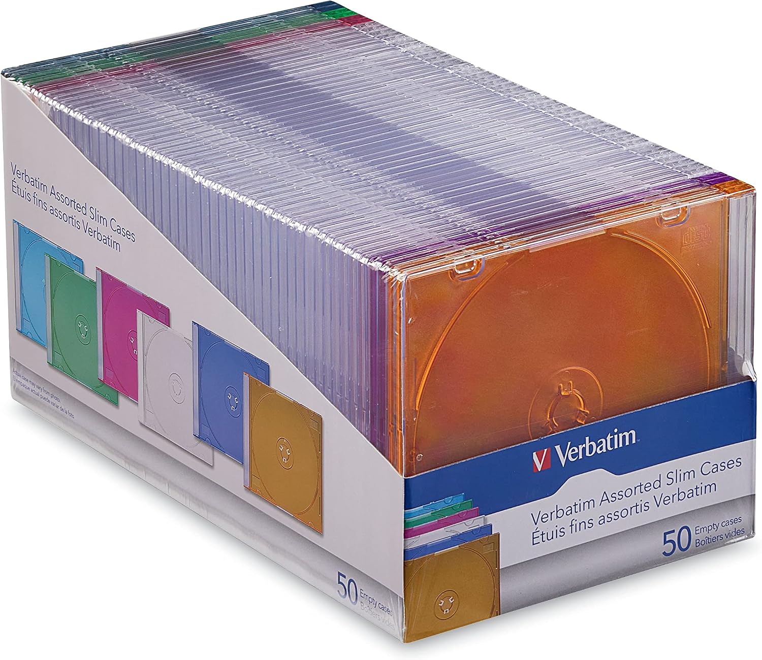 Verbatim 50-Pack Assorted Slim CD DVD Blu-ray Disc Cases, Clear & Colors