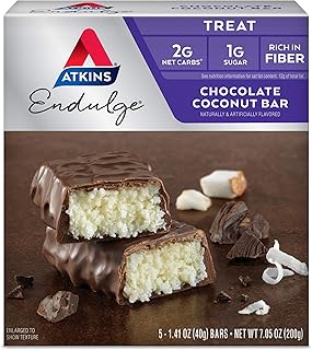Atkins Endulge Chocolate Coconut Bar, Dessert Favorite, High in Fiber, 1g Sugar, 5 Count