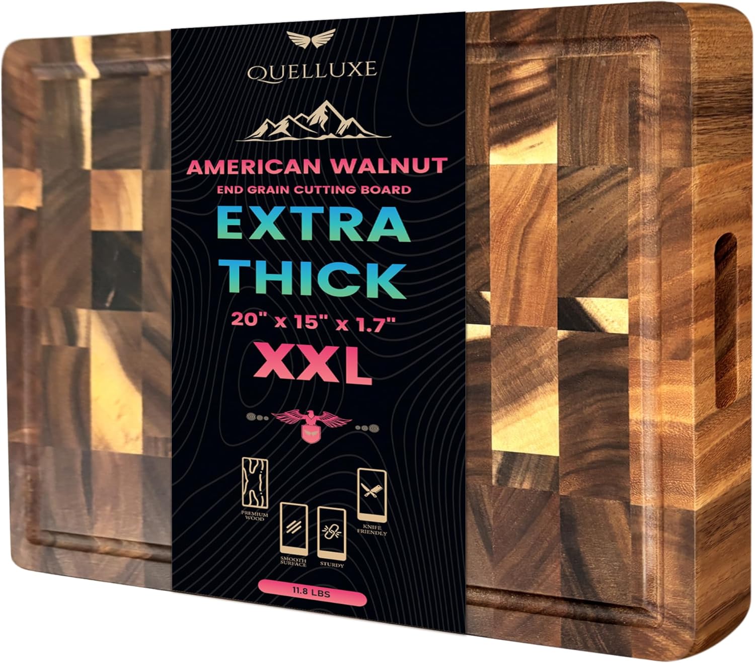 (1.7" Extra Thick & Large) 20"x15" American Black Walnut Wood End Grain Cutting Board for Kitchen with Juice Groove, Inner Handles, Heavy-Duty Butcher Block, Wooden Chopping Board, Charcuterie Boards