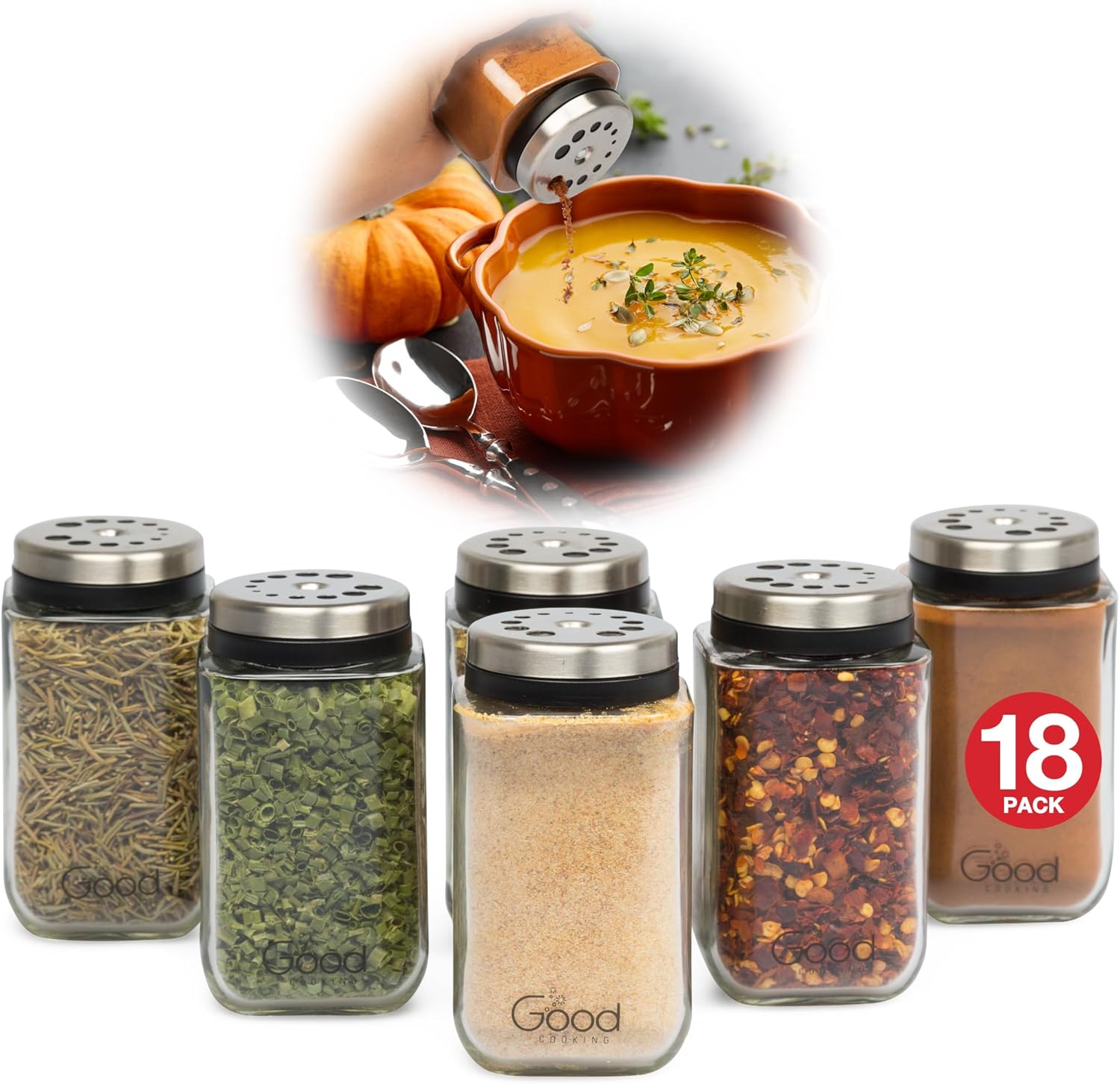 Adjustable Glass Spice Jars (Set of 6) with 6 Pouring Sizes- Stainless Steel Lid/Cap- Square Seasoning Bottle Containers for Minimalist Kitchen Pantry Storage Organization- Fill Shaker w Salt Pepper