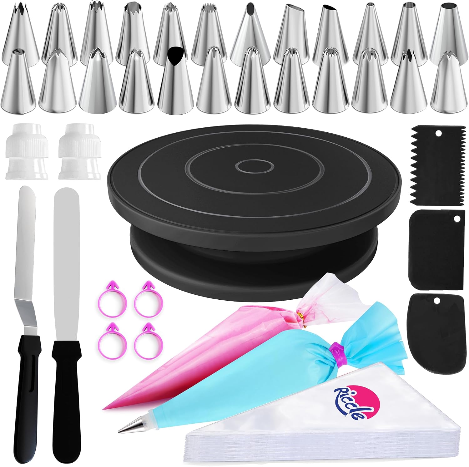 Riccle 88 pc Cake Decorating Kit & Cake Turntable -Piping Bags and Tips Set