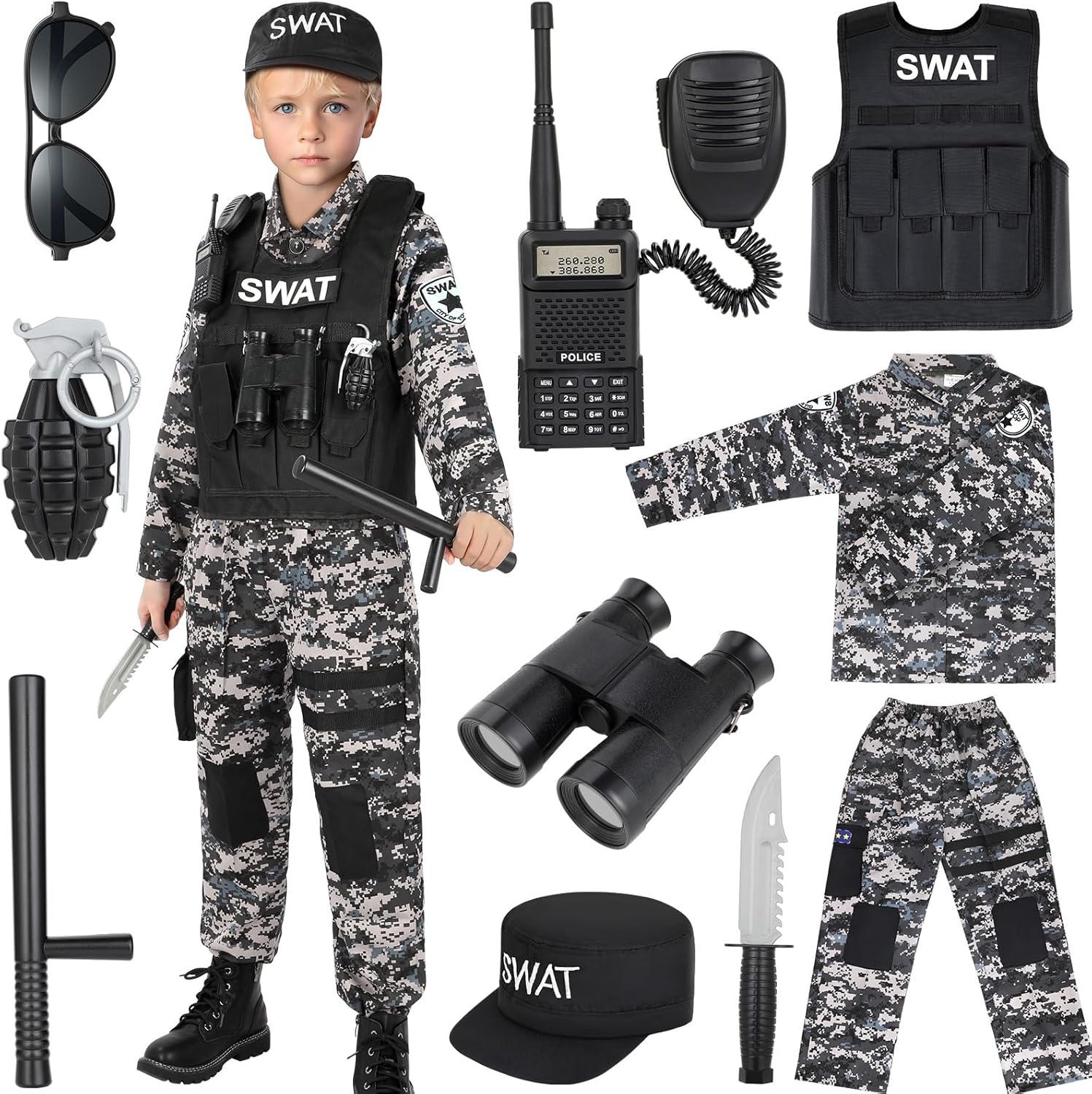 Luucio SWAT Police Costume for Kids, Kids Police Costume for Boys with SWAT Vest, Halloween Gifts for Boys 3-12