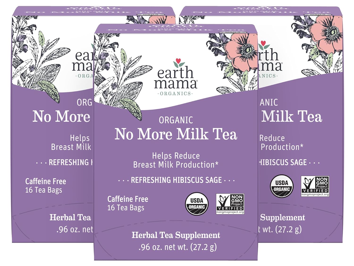 Earth Mama No More Milk Tea | Organic Herbal Tea Bags to Reduce Breast Milk Production, Stop Breastfeeding, & Wean Lactation Naturally, Postpartum Essentials, Hibiscus & Sage Decaf Tea (16-Count, 3PK)