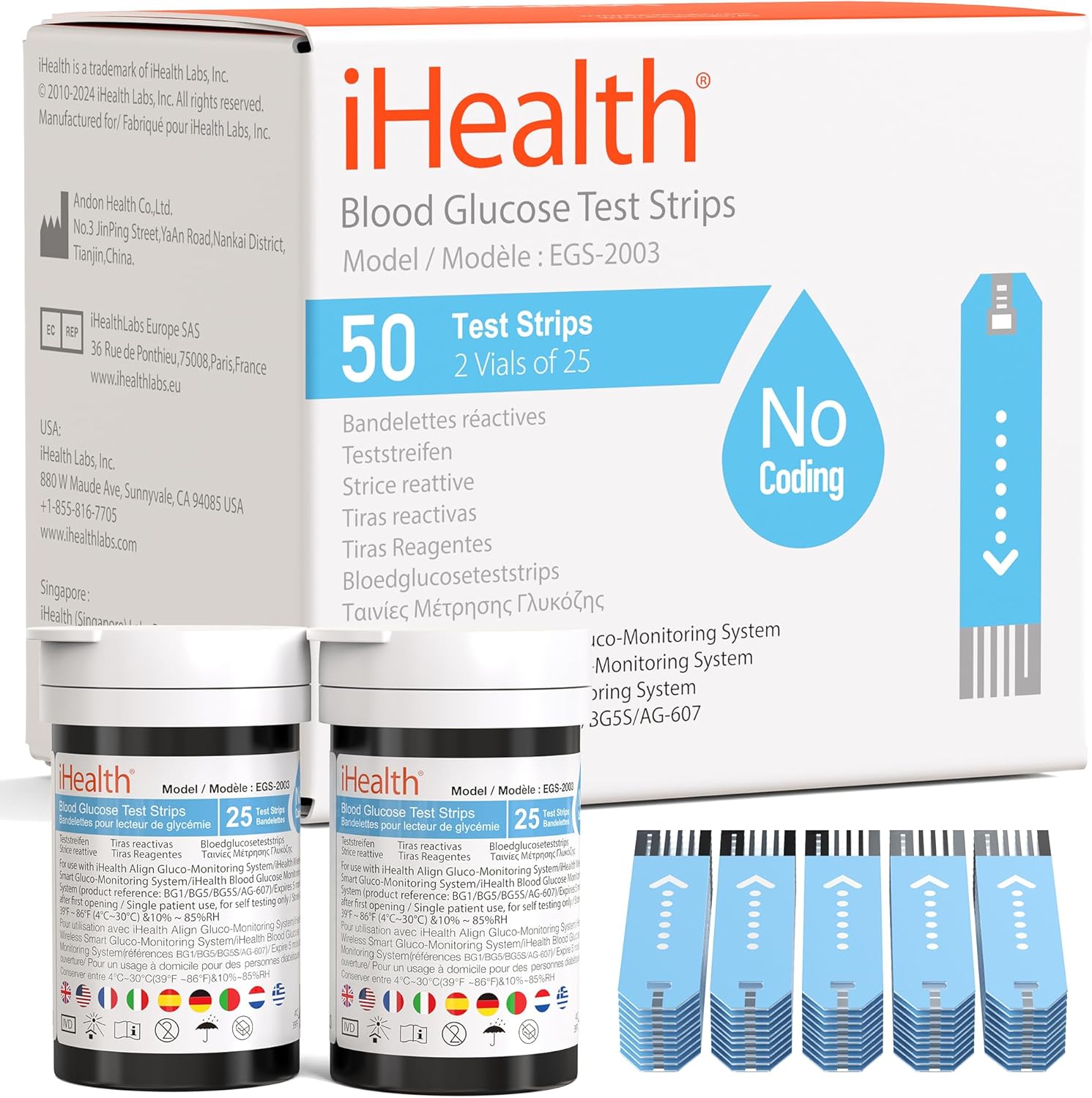 iHealth Blood Glucose Test Strips (50 Count), No Coding Blood Sugar Test, Eligible for FSA Reimbursement, Precision Sugar Measurement for Diabetics, Strips Work Only in iHealth Glucose Meters