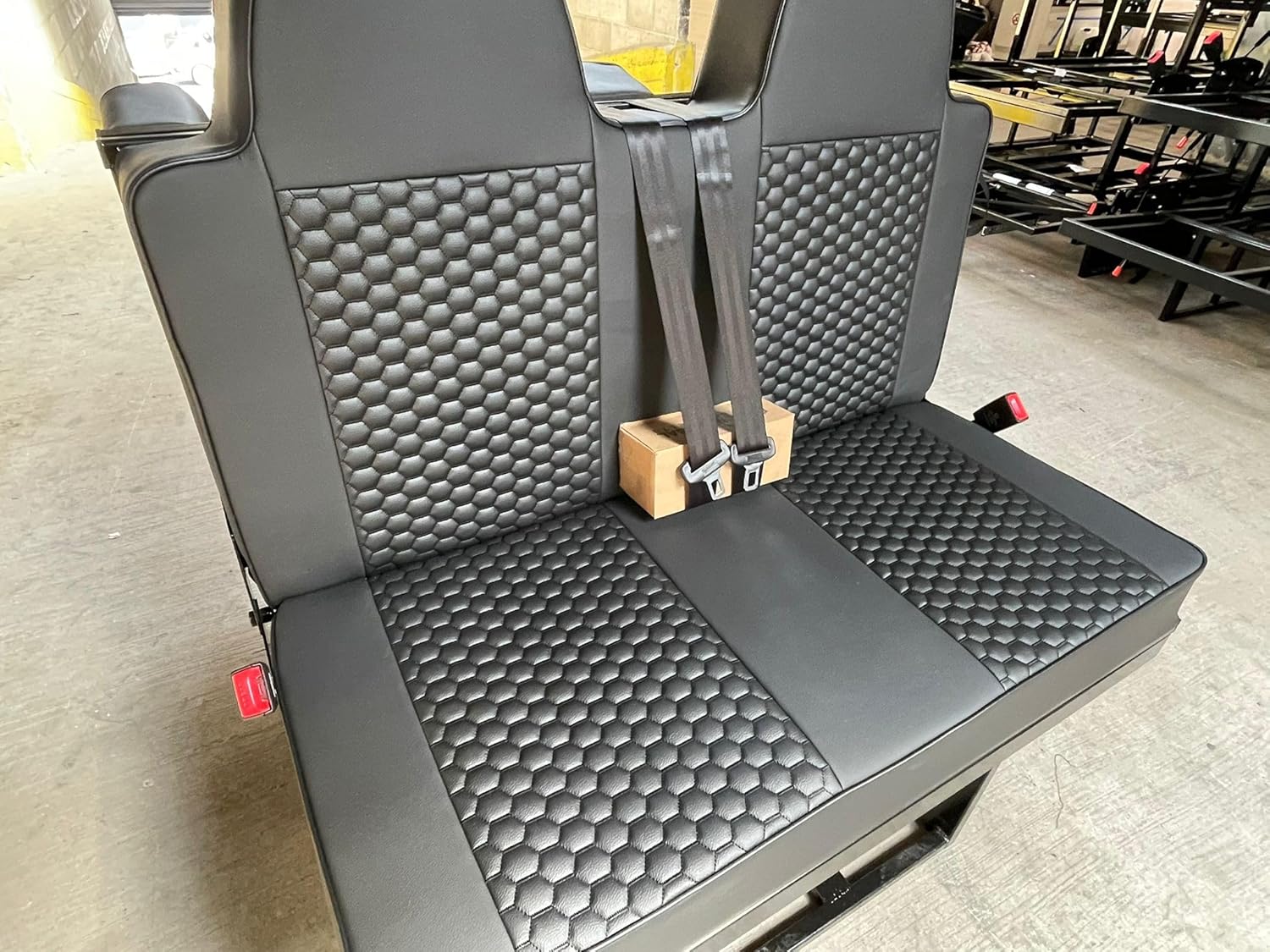 Lusso 4PC 3/4 110cm Honeycomb Black, Black Piping, Rock & Roll Bed, VW T4 T5 T6 Transit Vivaro Trafic. Seat Belts Gas Strut Fabric