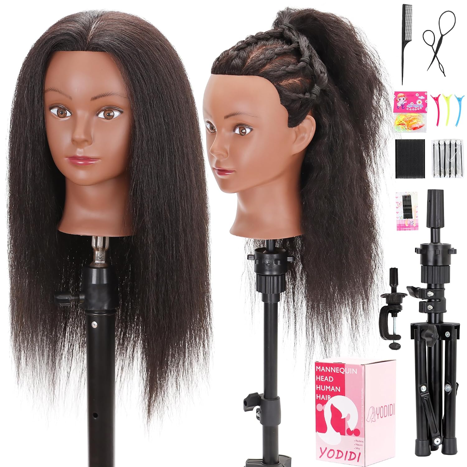 YODIDI 100% Human Hair 16" Mannequin Head with Tripod & Clamp Cosmetology
