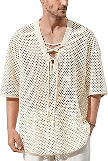 Verdusa Men's Hollow Out Lace Up V Neck Half Sleeve Shirt Vacation Hipple Knitted Tops
