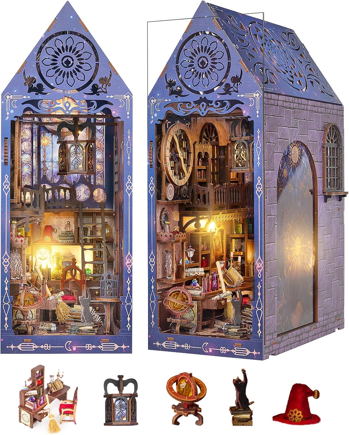 DIY Book Nook Kit,Magic Dollhouse Kit DIY Miniature House Kit for Adults Teens,Booknook Bookend Bookshelf Decor,3D Wooden Puzzle with LED & Dust Cover,Easter Halloween Home Decor Birthday Gifts