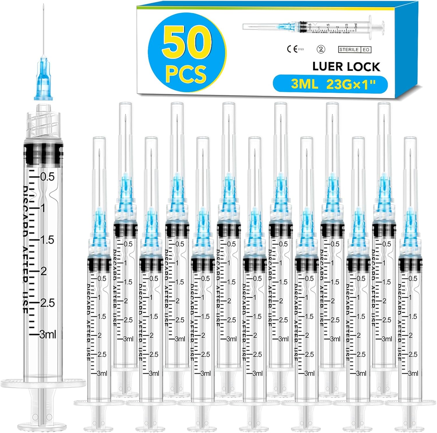 50 Pack 3ml Syringes with Needle-23Ga 1 Inch Needle with Luer Lock，Individually Sealed Packaging