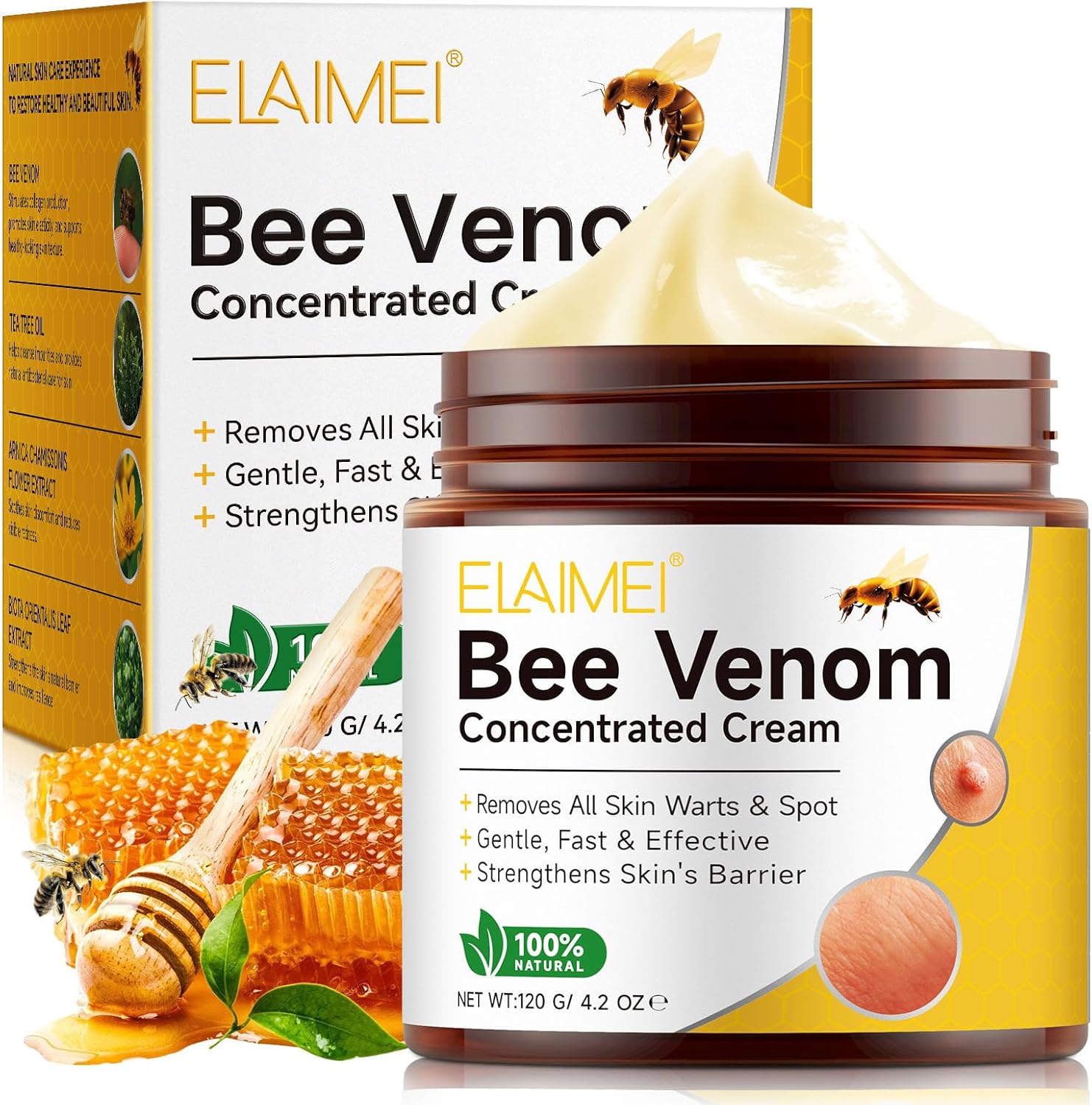 Bee Venom Cream, 100% Natural Bee Venom Skin Treatment Cream for Skin Tag, Wart & Mole Removal, Skin Restoration Cream, Anti-Aging, Moisturizing, Repair for All Skin Types 120g