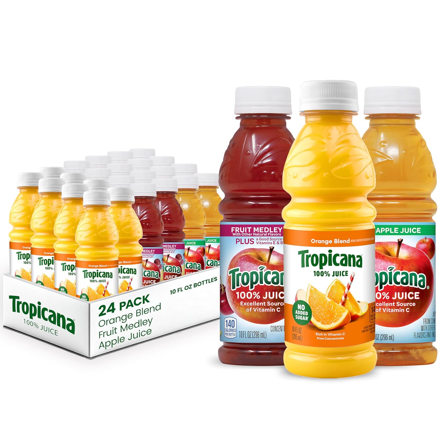 Tropicana 100% Juice Variety Pack - Orange, Apple & Fruit Medley, Single Serve, 10 Fl Oz Bottles (Pack of 24) - Real Fruit Juice, Vitamin C Rich, No Added Sugars, No Artificial Flavors