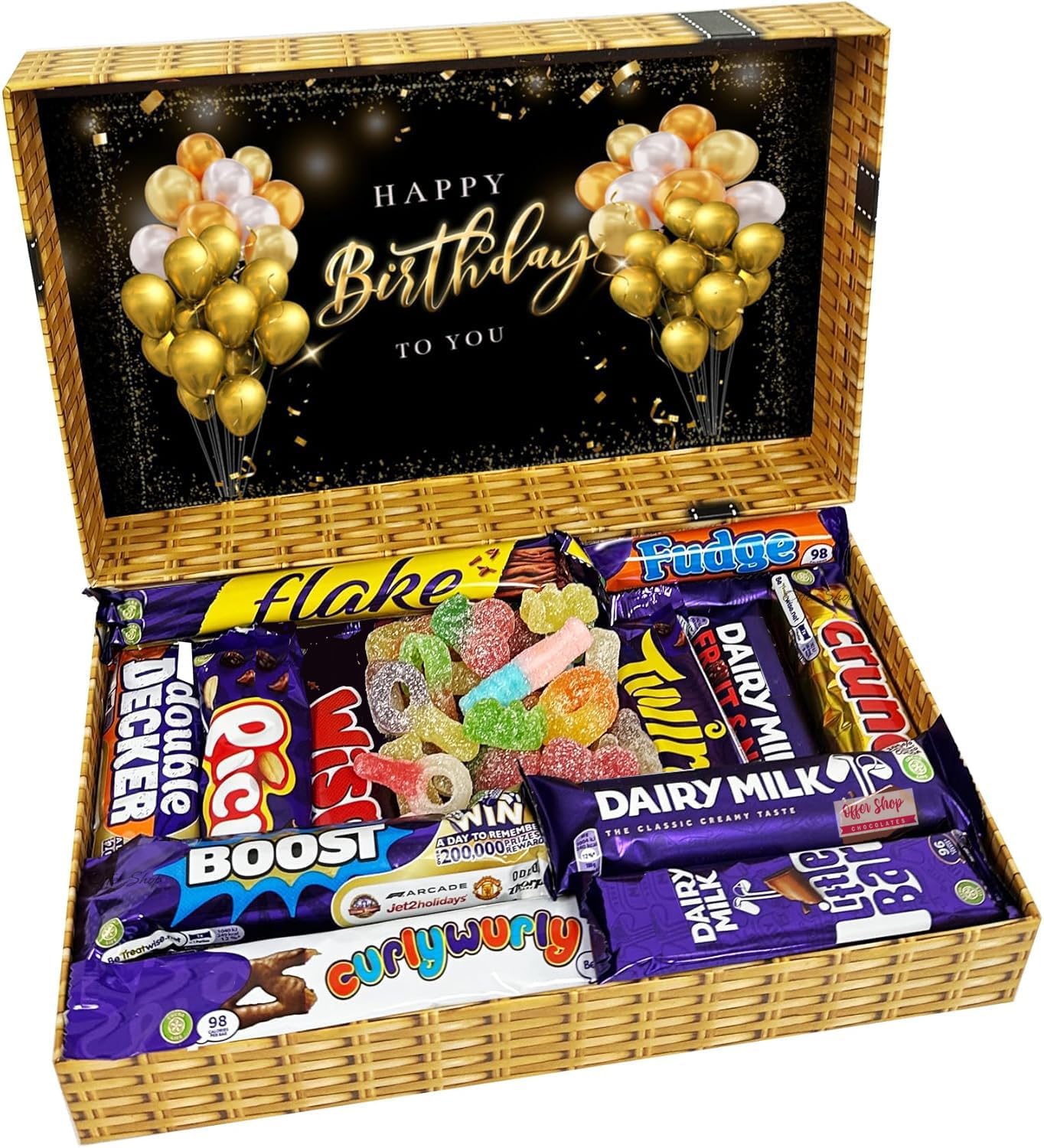 Happy Birthday Sweets and Chocolate Gift Box Pick n Mix Sweets Chocolate Hamper in Wicker Style Printed Box | Gift Box for All | 360gm Sweets & 13 Standard Bars