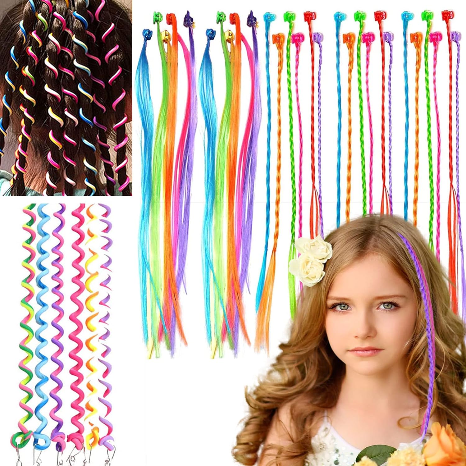 KEYRI 36 PCS Clip-in Colored Hair Extensions for Kids - Rainbow Hair Clips for Girls, Hair Braids, Styling Twister Clips, Accessories for Girls and Women (36 Pieces)