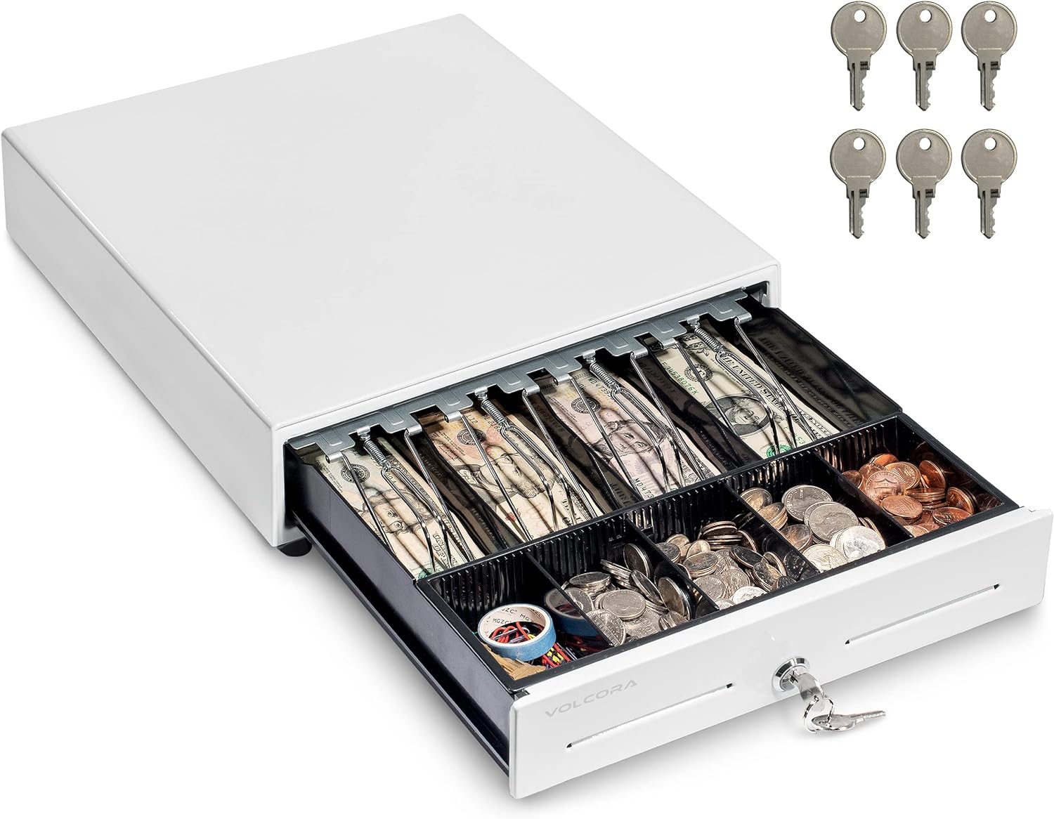 Volcora 13" Cash Register Drawer for Point of Sale (POS) System with 4 Bill 5 Coin Cash Tray, Removable Coin Compartment, 24V, RJ11/RJ12 Key-Lock, Media Slot, White - for Stores, Shops and Businesses