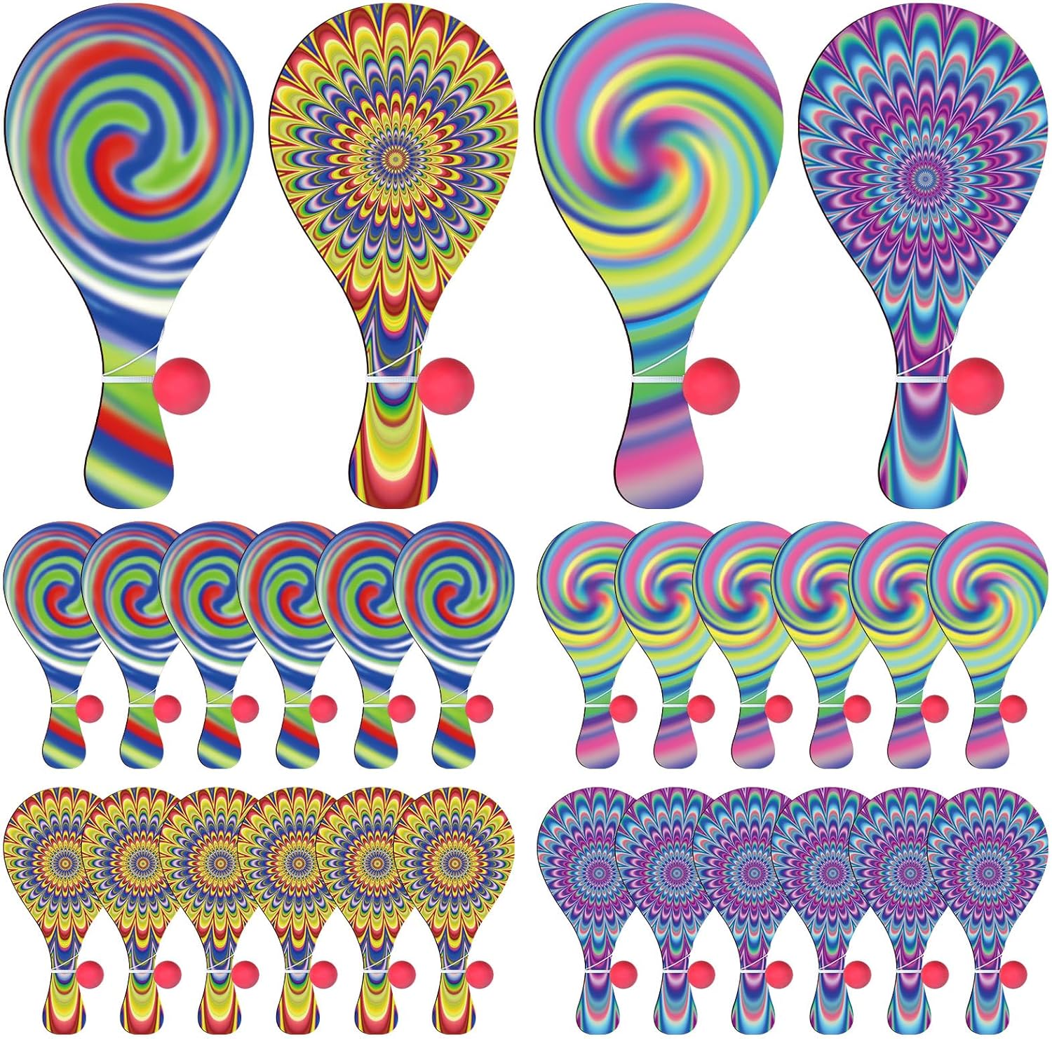 24 Pcs Psychedelic Paddle Ball Funny Paddle Ball with String Set Vintage Retro Multi-Item Party Favor Prizes Packs Indoor and Outdoor