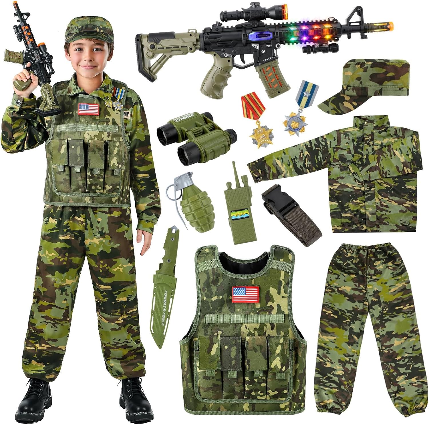 Kids Army Costume for Boys, Military Soldier Costume with Army Toys, Boys Halloween Costume with Vest Solider Boy