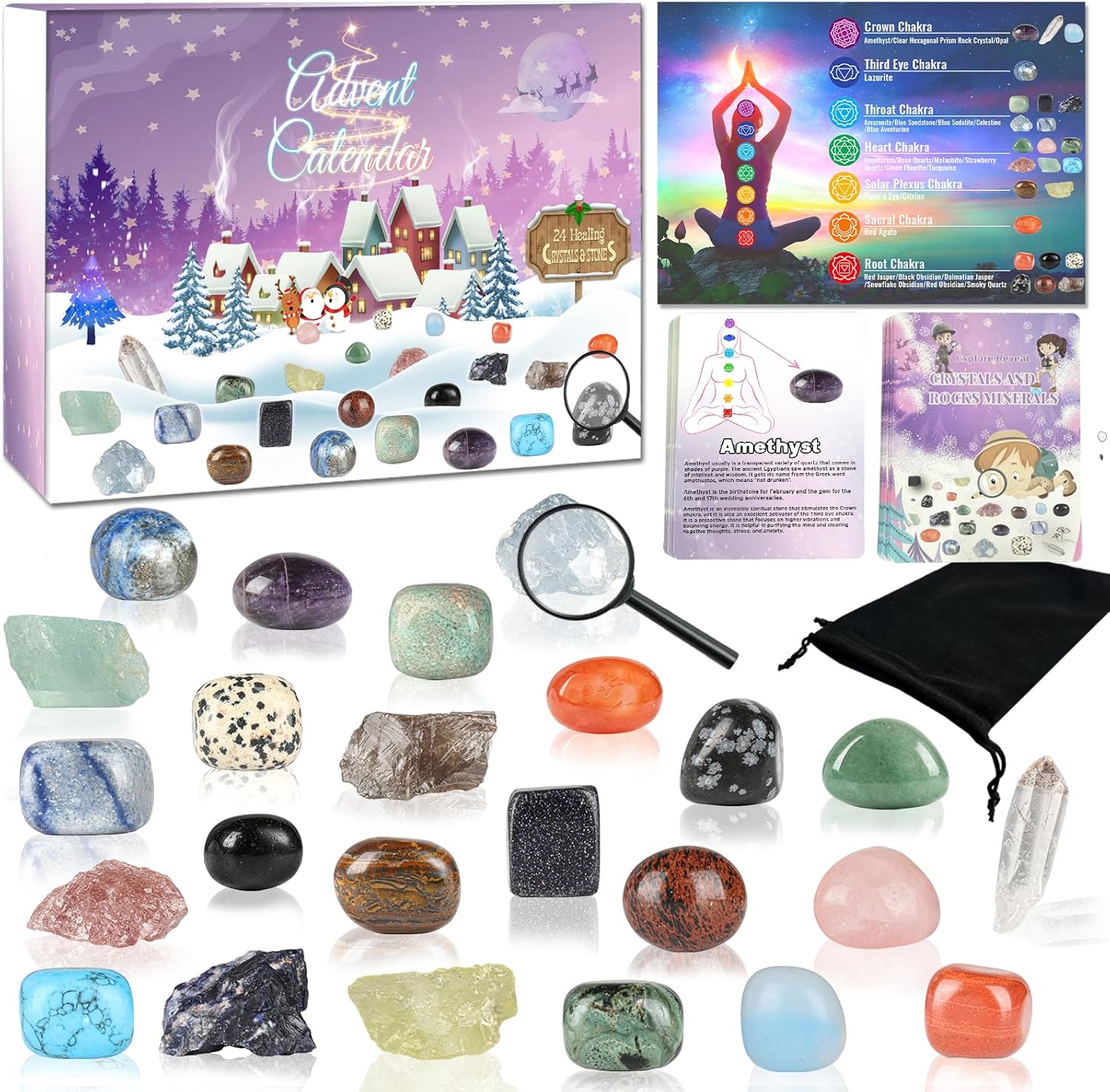 Crystal Advent Calendar 2025, 24 Days Christmas Countdown Natural Chakra Healing Stone Rock Spiritual Gifts for Adult Women, Novelty Minerals Fossils Learning Collection Kit for Boys Girls Teens
