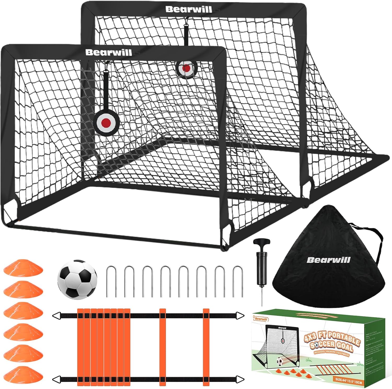 Soccer Goal, Kids Soccer Goals for Backyard Set of 2, 4x3ft Portable Soccer Goal Pop Up Soccer Net, Kids Soccer Net Training Equipment with Soccer Ball, Ladder, Cones, Targets