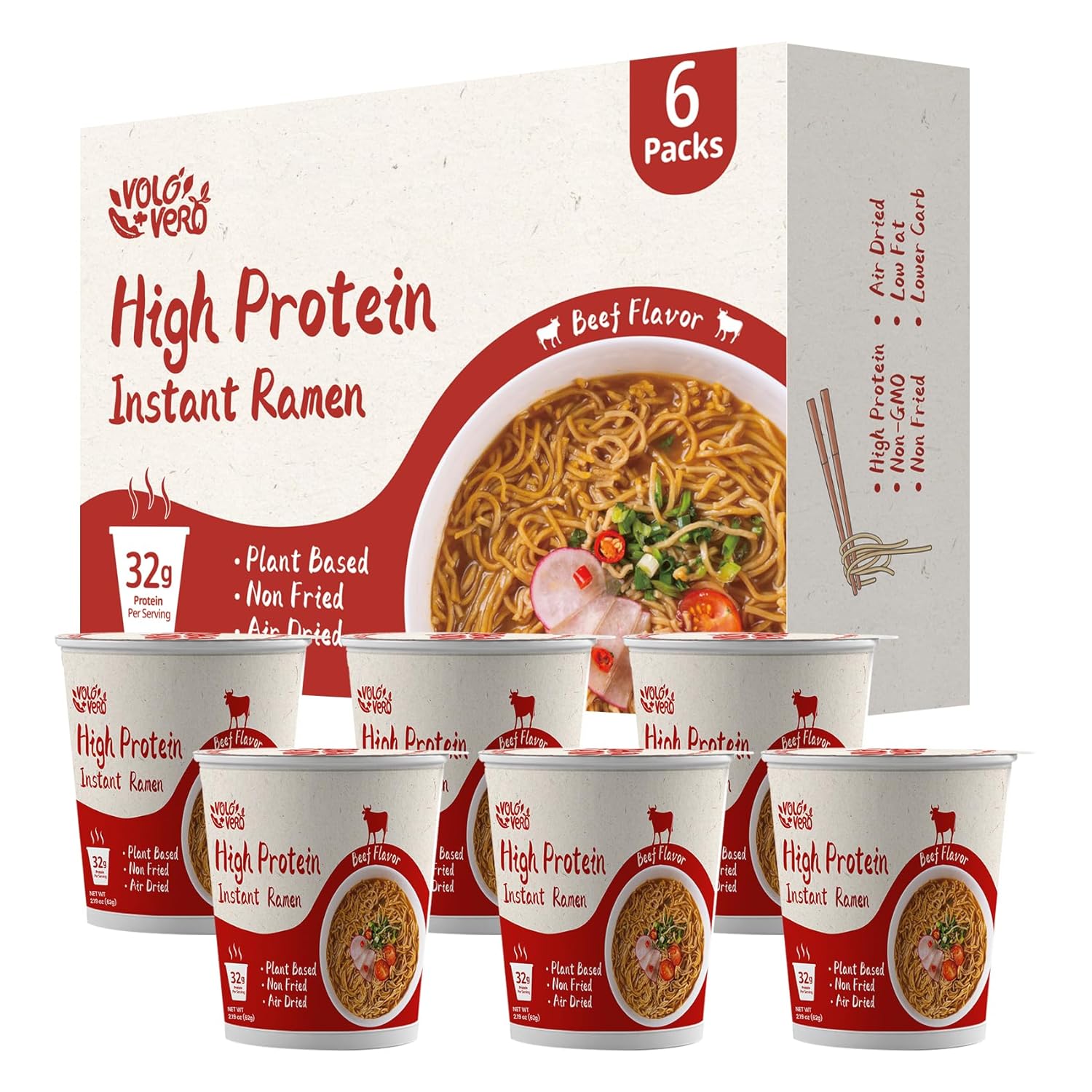 VOLO VERO High Protein (32g) Instant Ramen "Spicy" Beef Flavor Soup Cup, 6 Packs Vegan Noodles Asian, Plant-Based, Non-Fried, Low Fat, Non-GMO, Egg & Dairy Free, Quick Healthy Meal, Holiday Gift