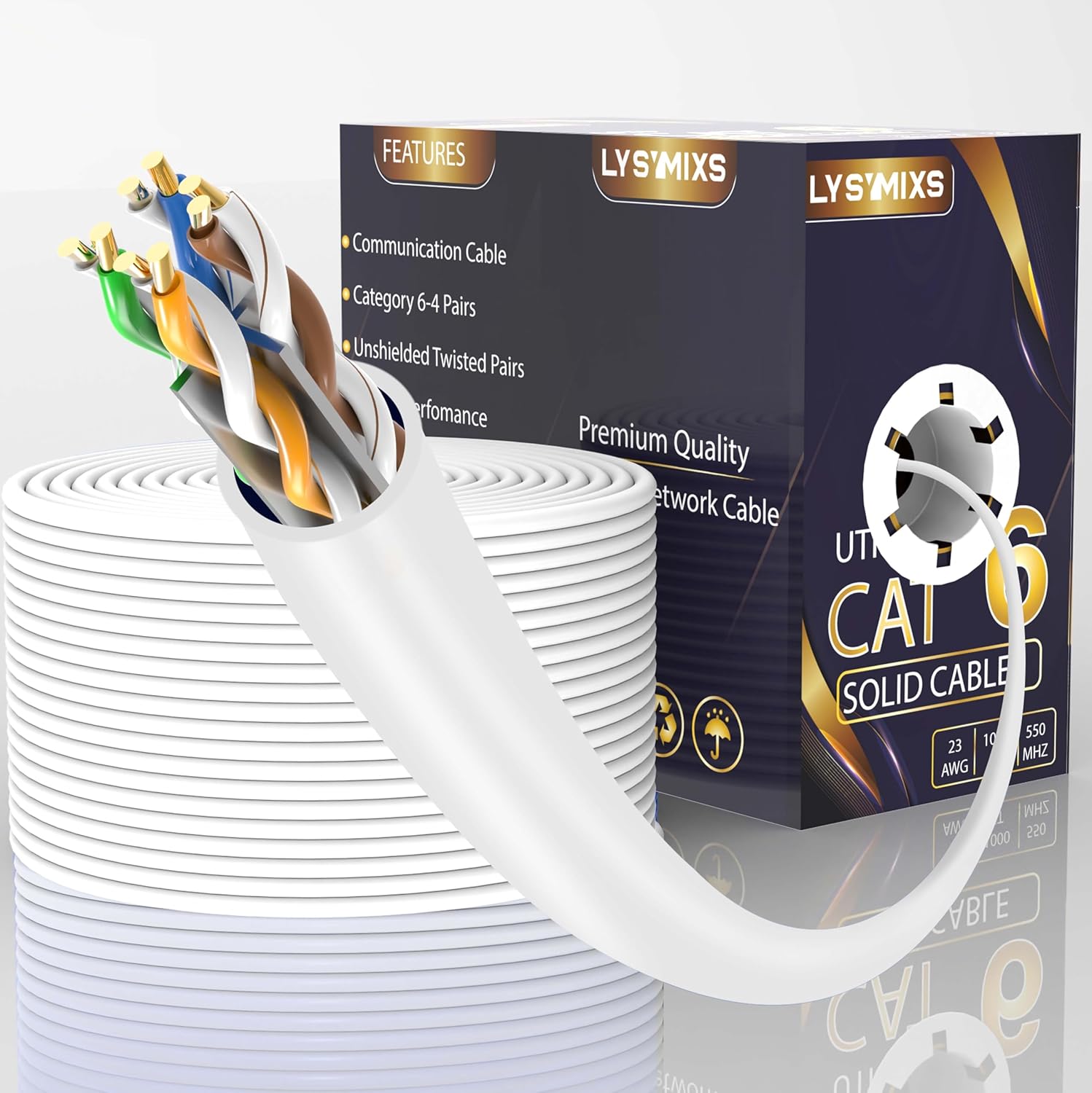 Cat6 Ethernet Cable 1000FT Channel Test Pass, Cat6 1000ft Ethernet Cable 23AWG Solid CCA, Cat6 Cable 550MHZ 10G with Easy Pull Box White