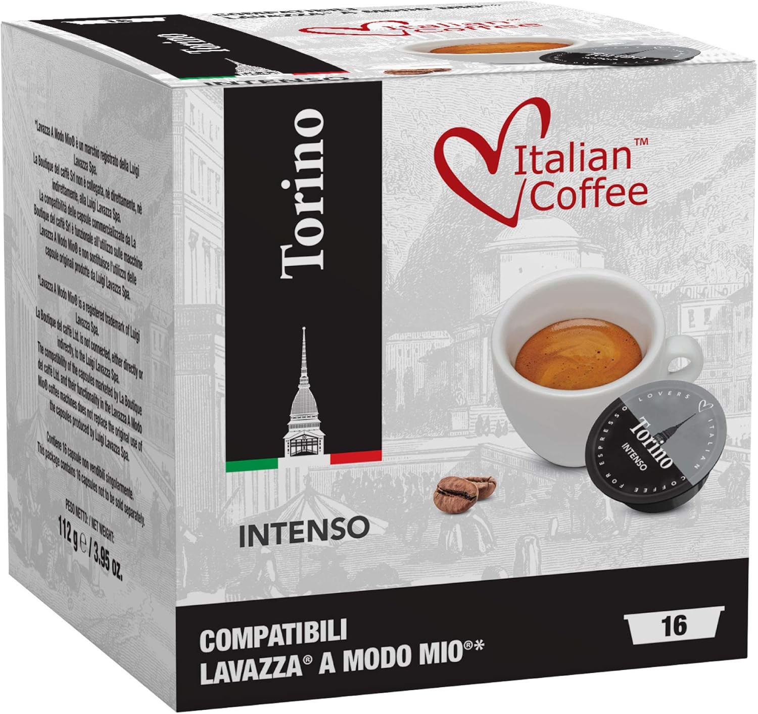 Italian Coffee capsules compatible with Lavazza A Modo Mio machines, Espresso pods ("Torino" Intenso, 128 Pods (8 Packs of 16 pods))