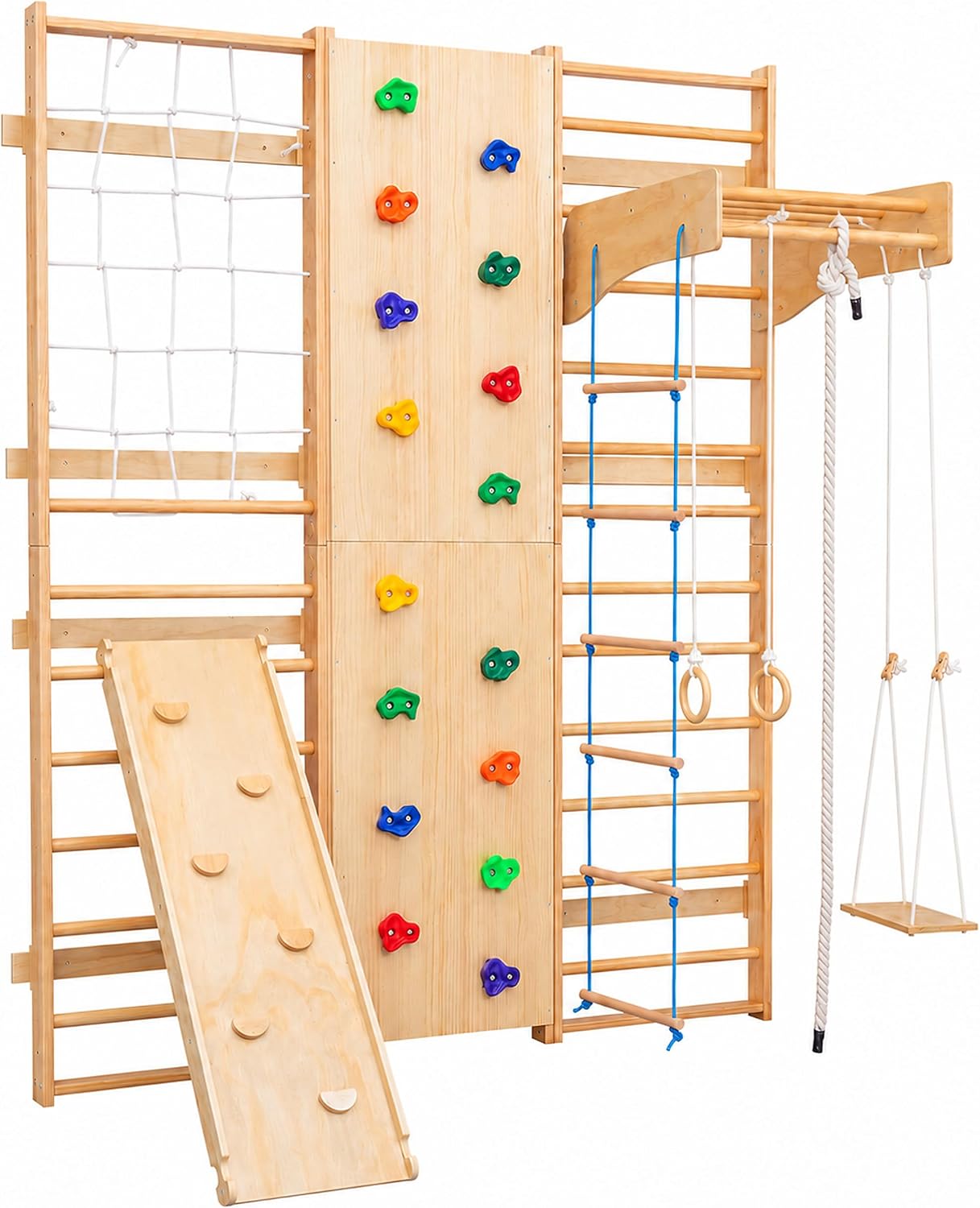 10-in-1 Wall-Mounted Indoor Jungle Gym for Kids, Wooden Swedish Ladder