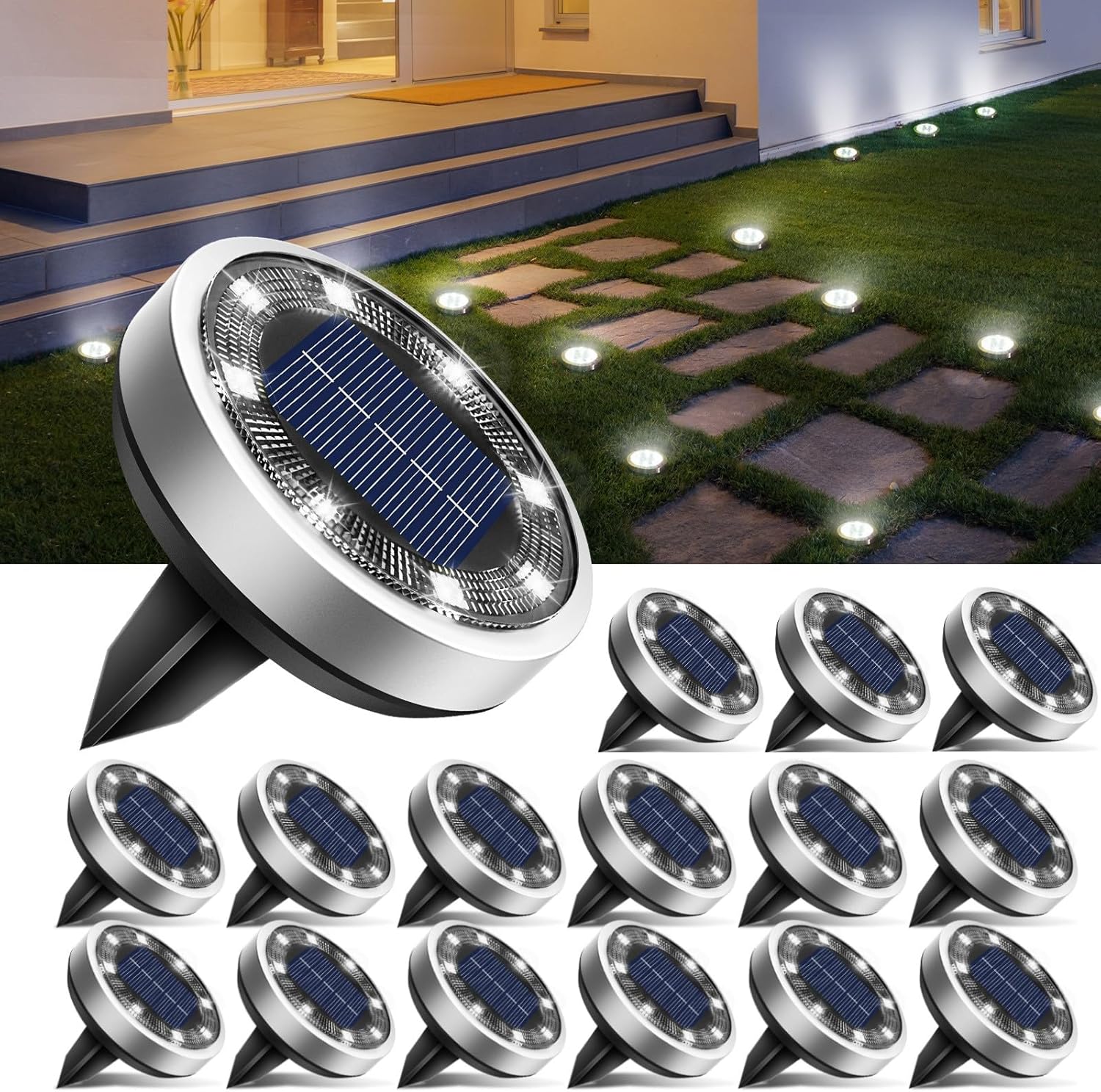 btfarm 16 Pack Solar Ground Lights Outdoor, 8 LED Solar Disc Lights IP65 Waterproof Flat Solar Light, Pathway Lights Solar Powered for Garden Lawn Patio Yard Path Landscape, Cool White