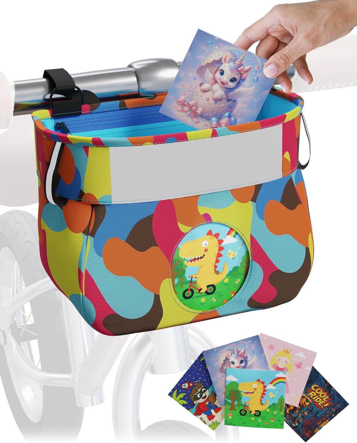 Kids Bike Basket – Safety Reflective Strap Design on Bike Basket Front – Clear Front Window with 5 Swappable Cards – Creative Scooter & Bicycle Accessories for Boys Girls Toddlers