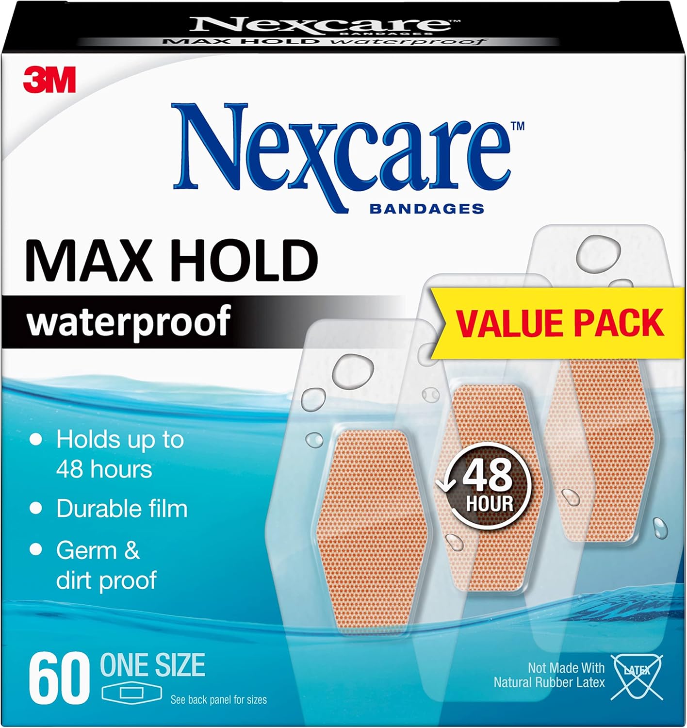 Nexcare Max Hold Waterproof Bandages, Stays On for 48 Hours, Flexible Bandages for Fingers, Knees and Heels - 60 Pack Clear Waterproof Bandages