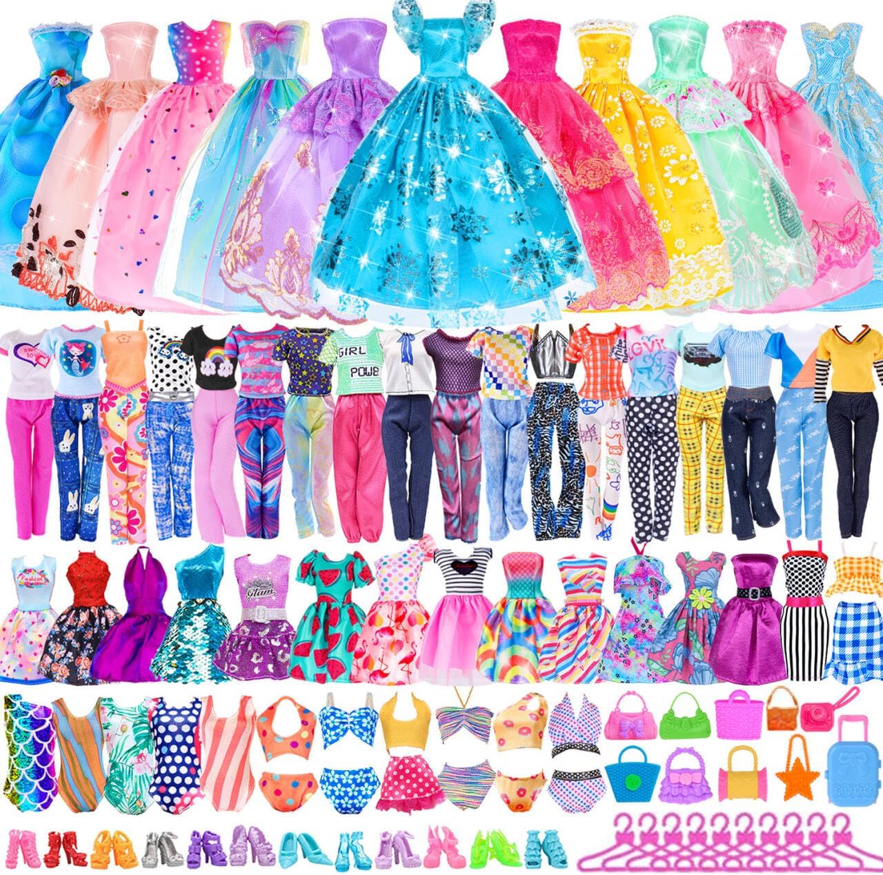iBayda 49-Piece 11.5 Inch Doll Clothes and Accessories Set: 3 Wedding Gowns, 5 Dresses, 4 Outfits, 3 Bikinis, 10 Shoes, 10 Bags, 10 Hangers (No Doll Included)
