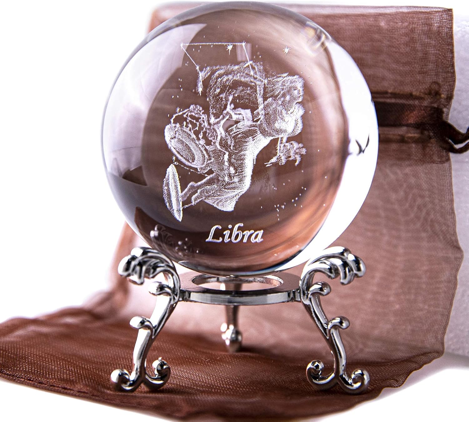 HDCRYSTALGIFTS 3D Laser Constellation Crystal Ball Crystal Paperweight Full Sphere Glass Fengshui with Sliver-Plated Flowering Stand(Libra)