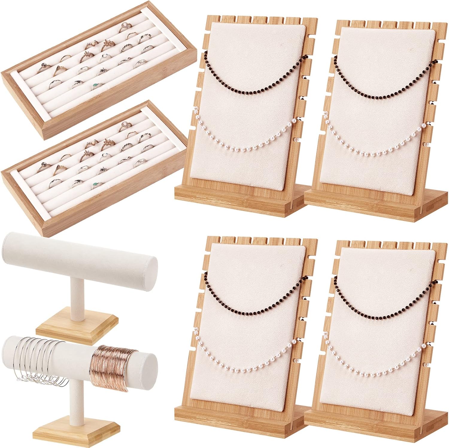 Marsui 8 Pcs Bamboo Jewelry Display Holder Set, Include T Bar Bracelet Display Stand Necklace Tabletop Display Boards Ring Earrings Tray Easels for Jewelry Collection Selling Shows (Beige)
