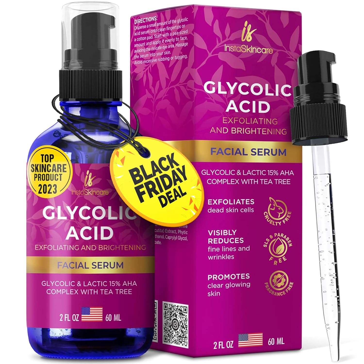 Glycolic Acid Serum for Face 15% Strength - Extra Large Size (2Oz) - Advanced Formula for Enhancing Skin Radiance, Texture Improvement, Addressing Uneven Tone & Fine Lines by InstaSkincare