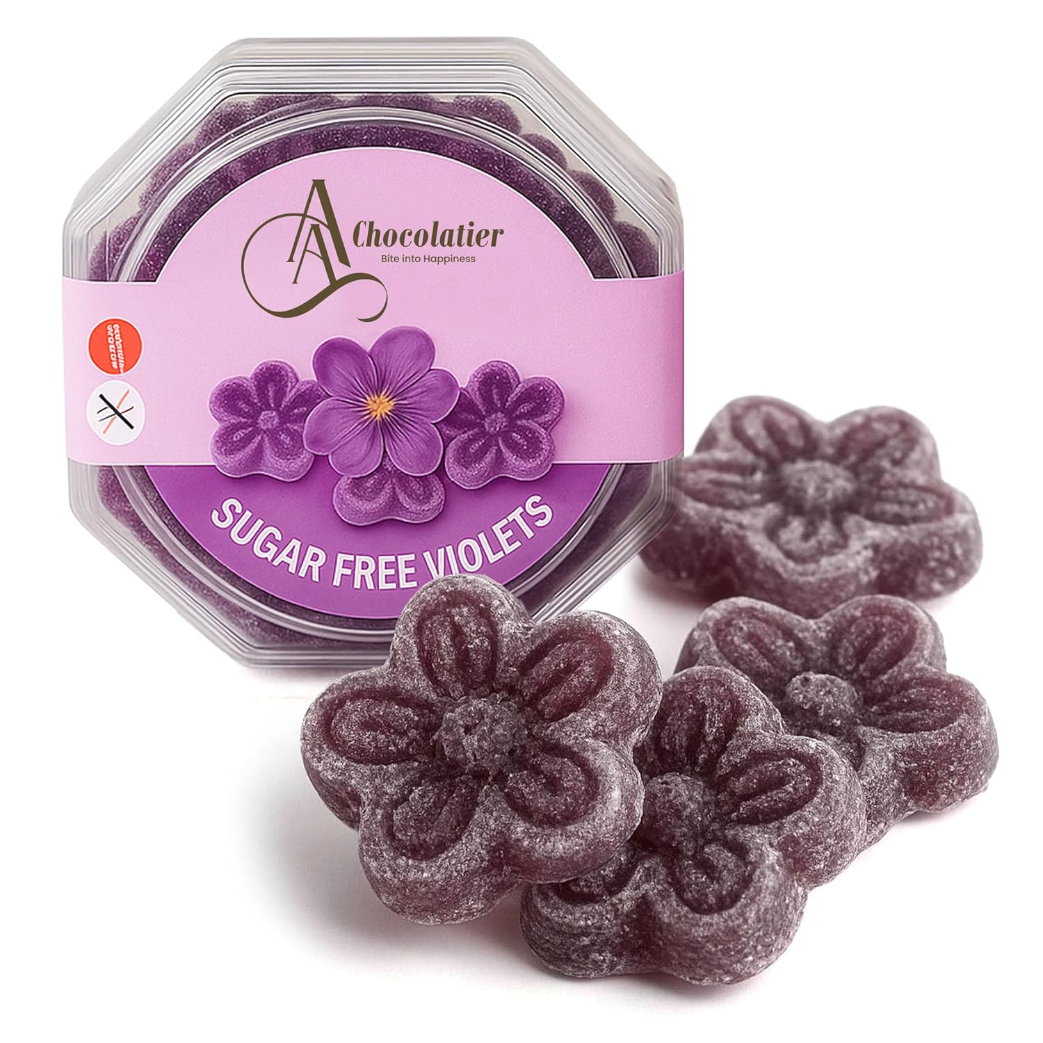 Andy Anand Chocolatier Sugar Free Violets Flower Shaped Hard Candy - Gluten Free Naturally Sweetened Candy Gift Box, Diabetic Friendly Zero Sugar Candies with the Essence of Violet (3.5 Oz)