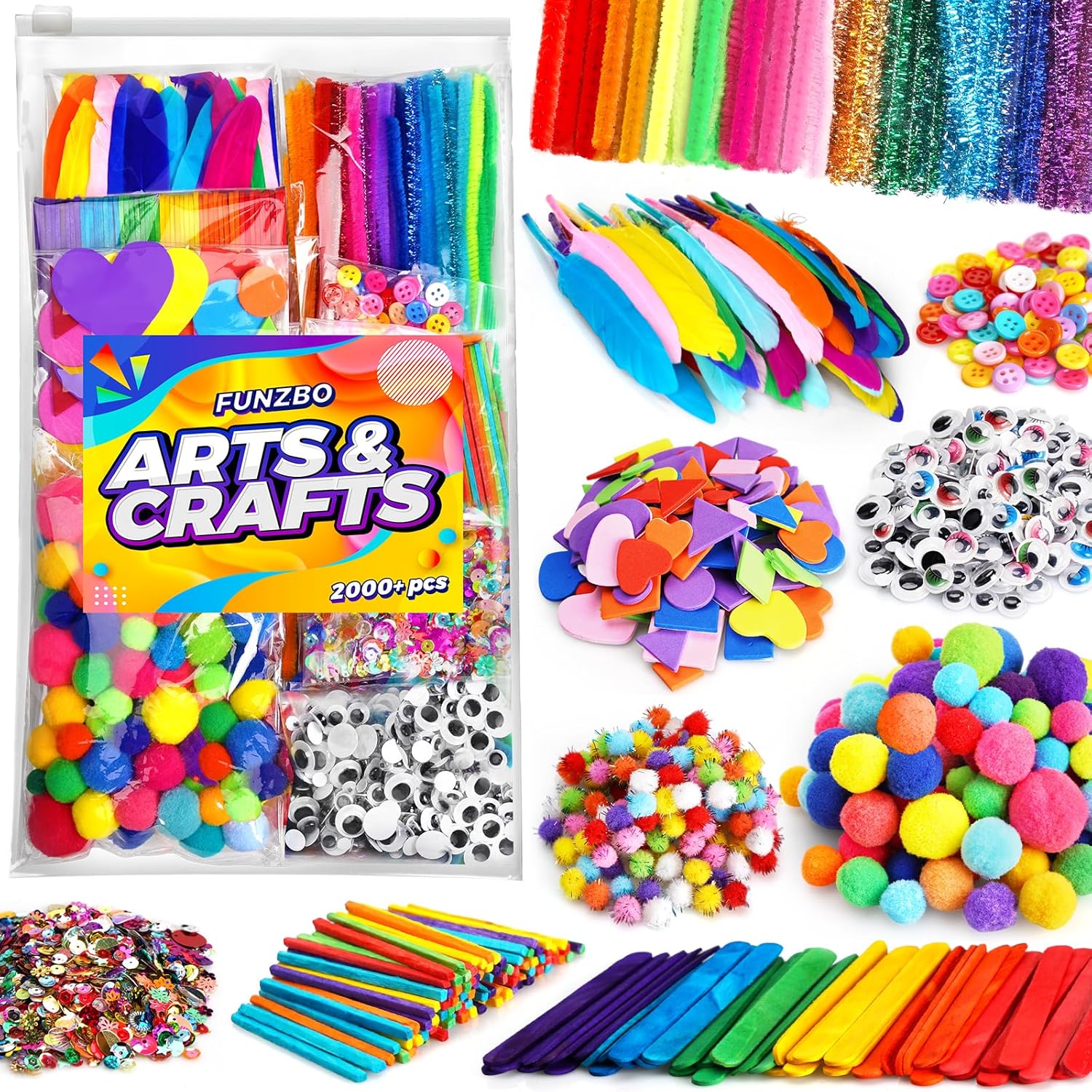 FUNZBO 2000Pcs+ Arts & Crafts Supplies Kits for Kids, Christmas DIY Craft Supplies for Toddlers Art Supply Tools Set Pipe Cleaners, Pom Poms and Feather, Birthday Gifts for Kid Girls Ages 4-8-12
